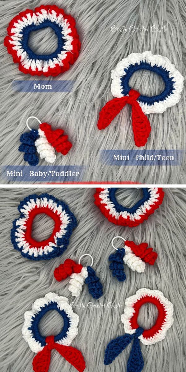 patriotic crochet scrunchies in three designs