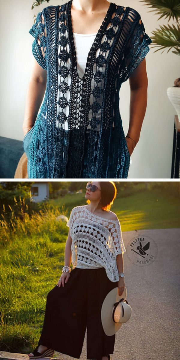 dark blue lace crochet tunic and white lace crochet oversize top on two women