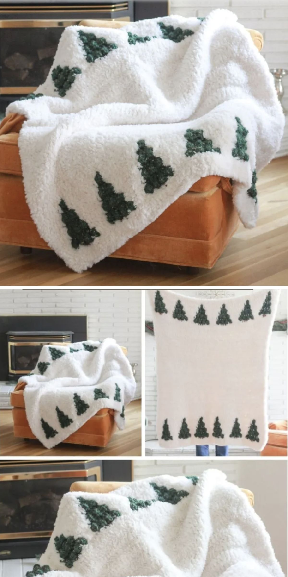 an intarsia crochet blanket with Christmas tree motifs on both sides