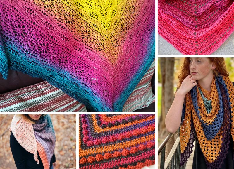 A vibrant display of crochet shawls in various colors.