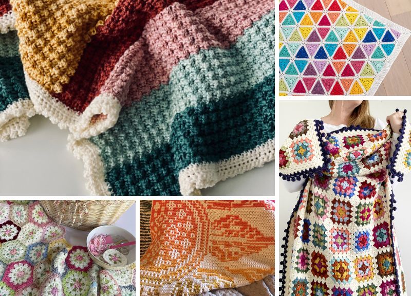 A collection of crocheted blankets and pillows showcasing intricate crochet blanket patterns.