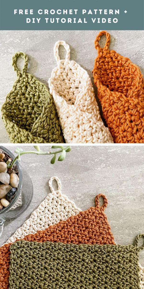 green, white, and orange crochet washcloths