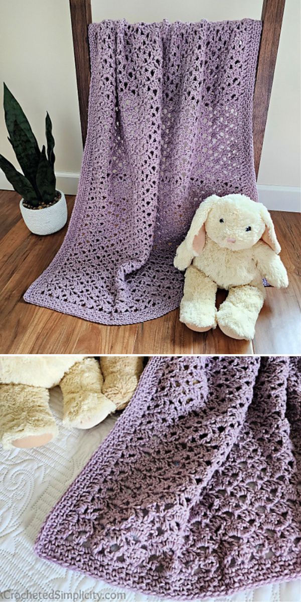 crochet lace baby blanket in lilac color