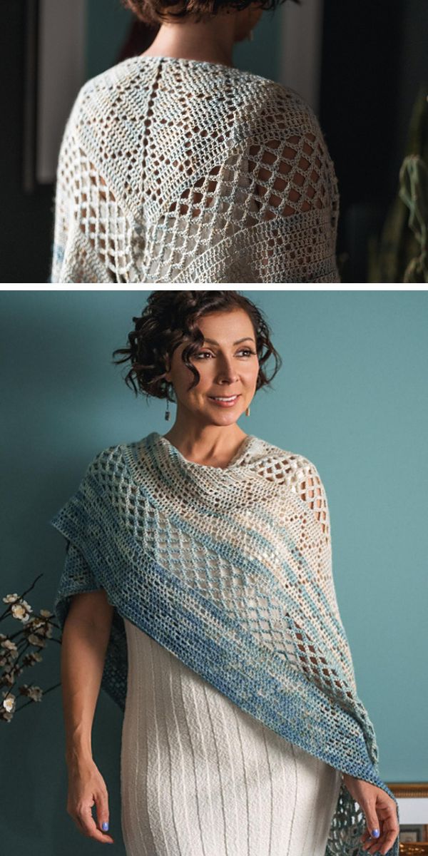ombre white to light blue lace crochet shawl