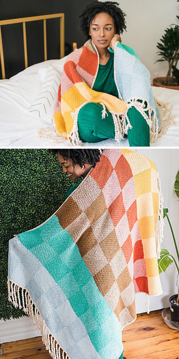 bright multicolored crochet blanket with squares design