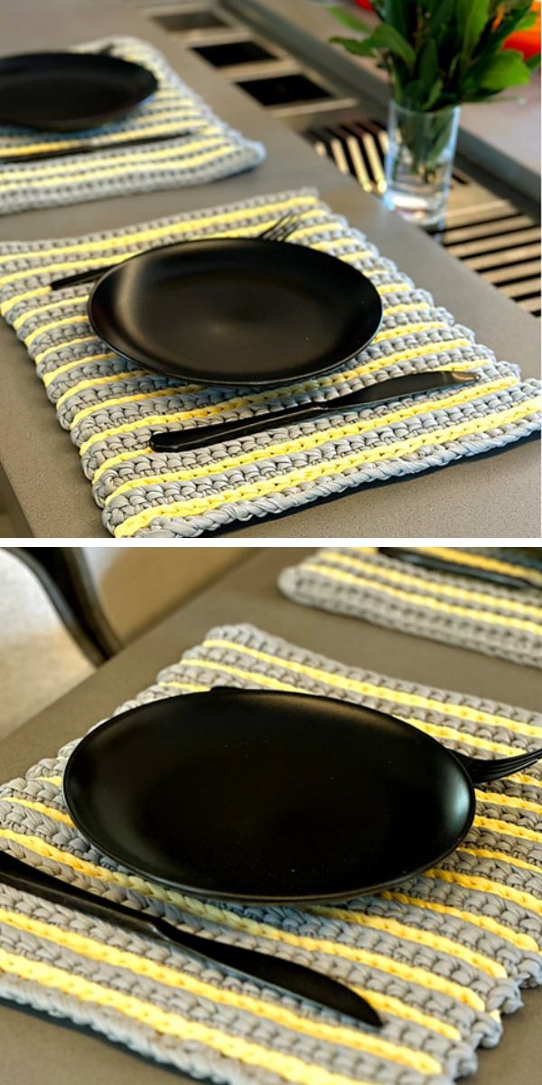 striped grey and yellow crochet placemat with black plate, knife and fork on it