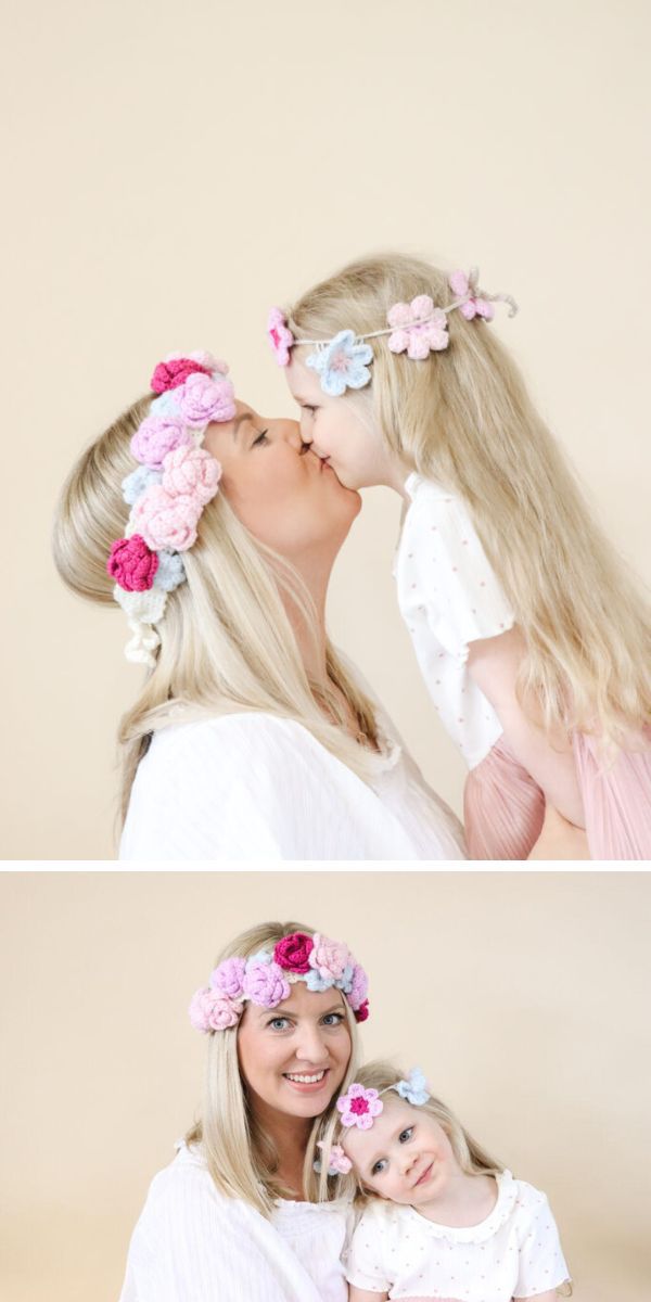 crochet flower crown headbands on a mother and her daughter