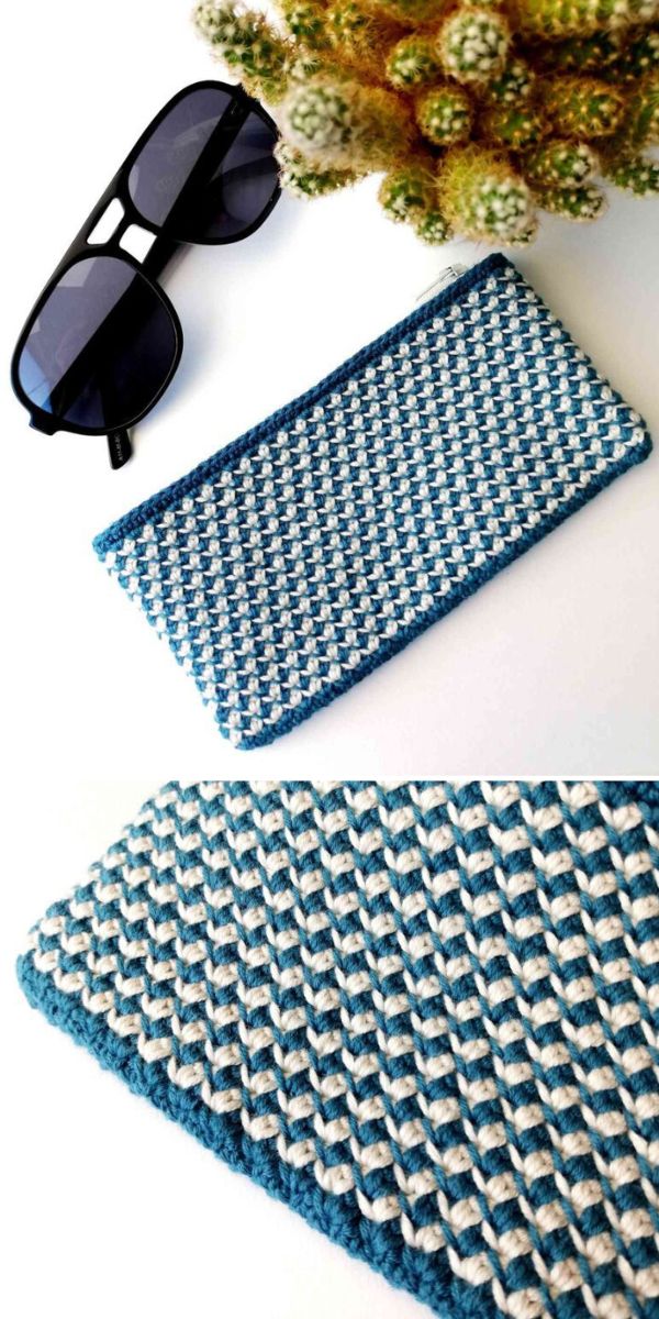 blue and white crochet pouch for sunglasses