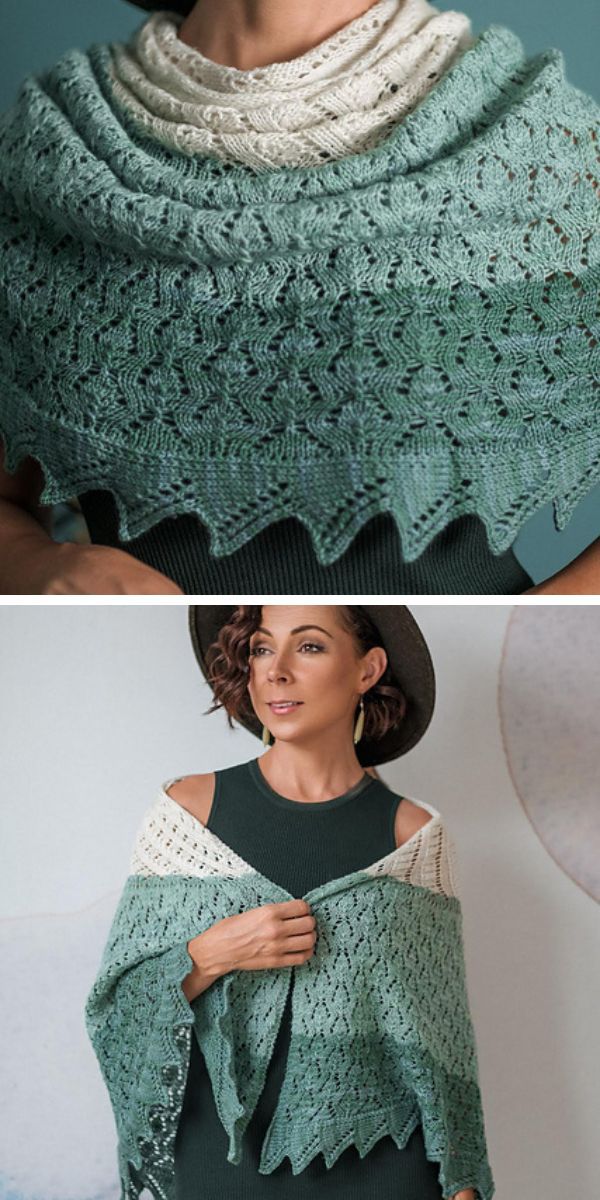white, light green and green knitted lacy shawl