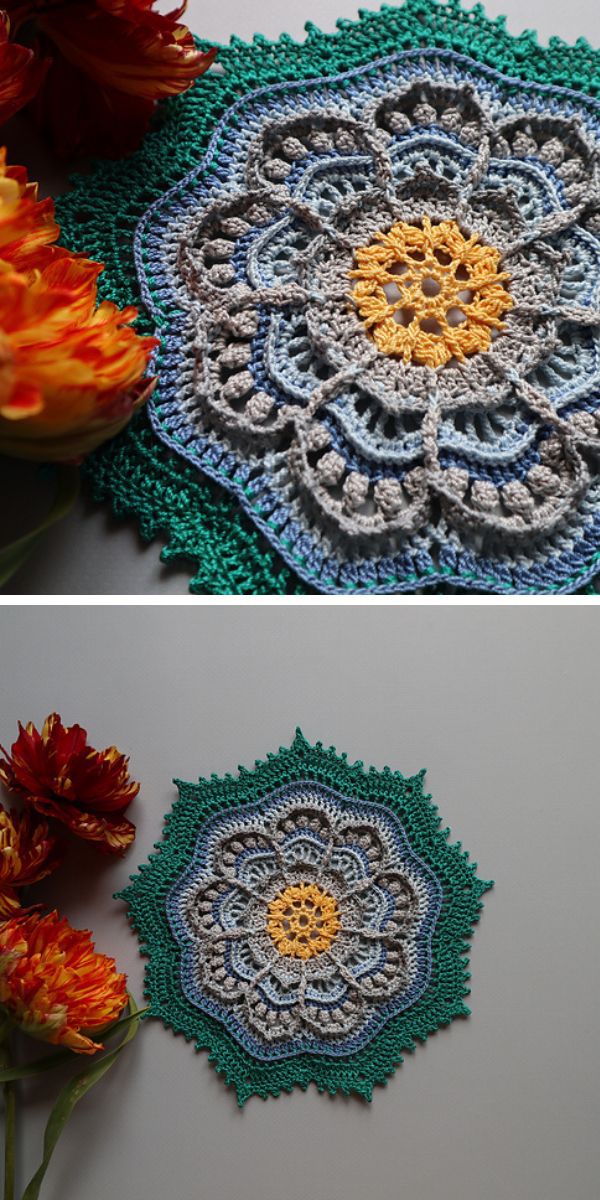 marvelous green blue grey crochet doily with yellow center and lacy edging