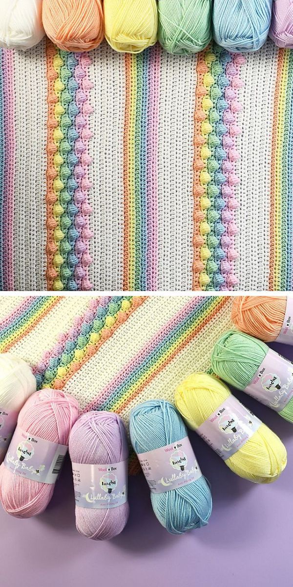 dotty crochet blanket in rainbow colors with lines on colorful bobbles