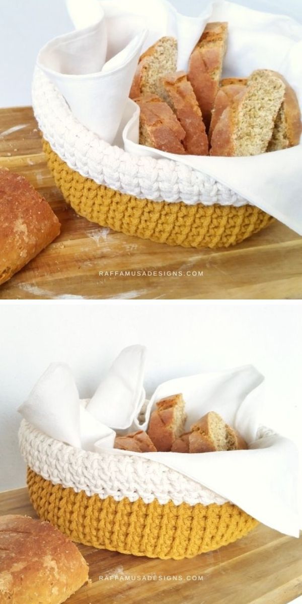 white and mustard yellow crocheted basket with slices of bread inside