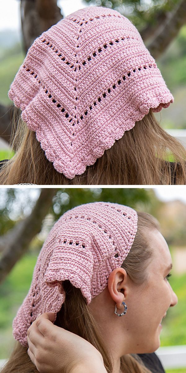 pink crochet kerchief on a woman