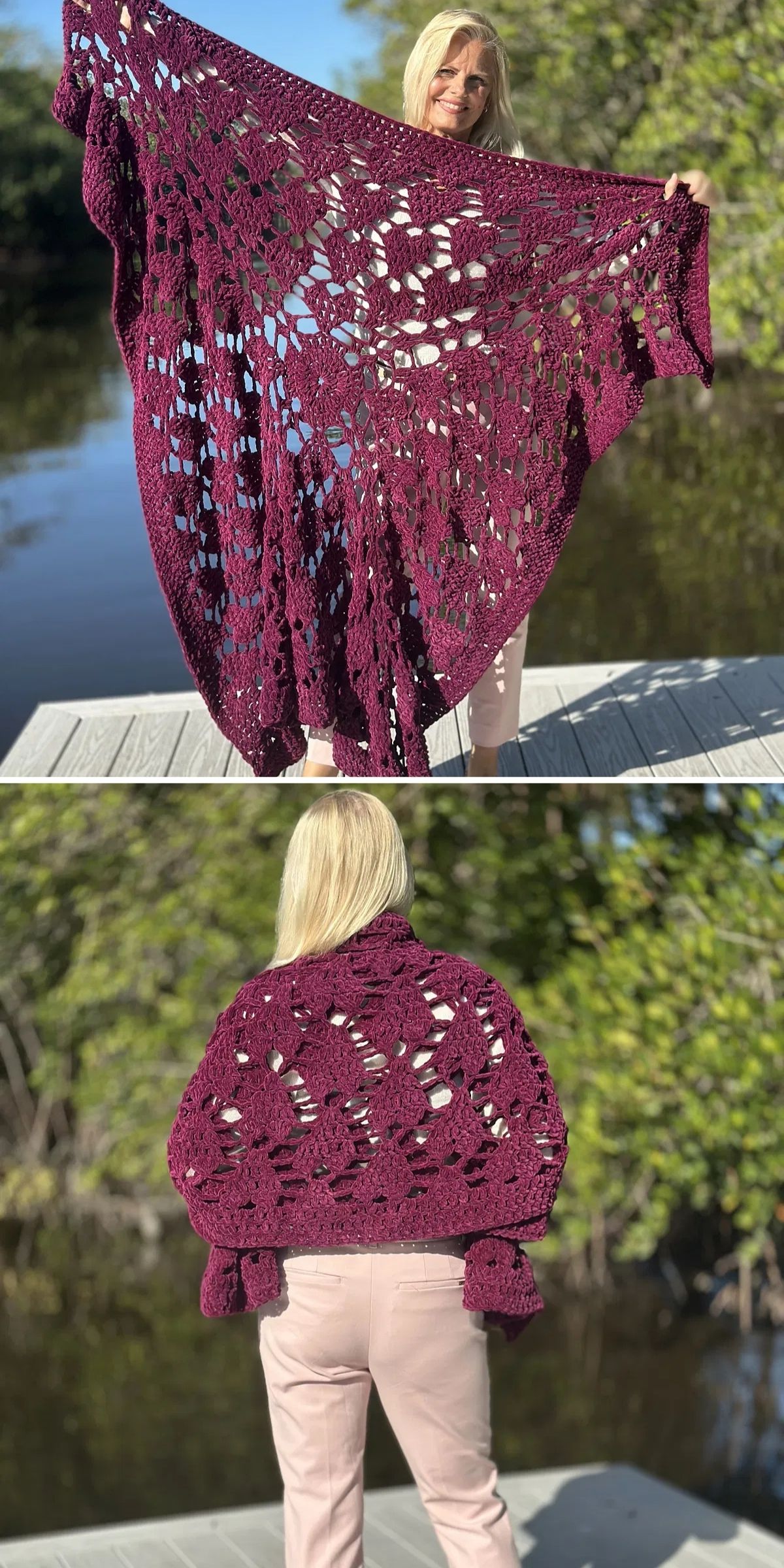 A woman stands on a dock by the water displaying a large burgundy crocheted lacy blankets in two views: one with the shawl spread out, revealing a delicate crochet heart motif, and one with it draped over her shoulders.