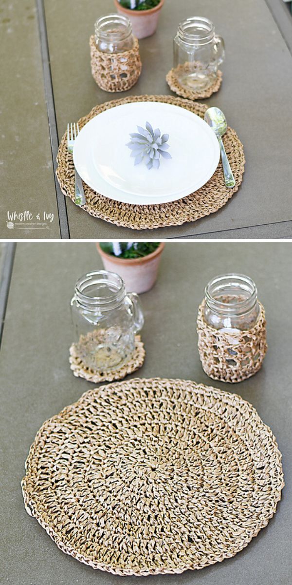 table set with crochet round placemat, coaster, jar cozy