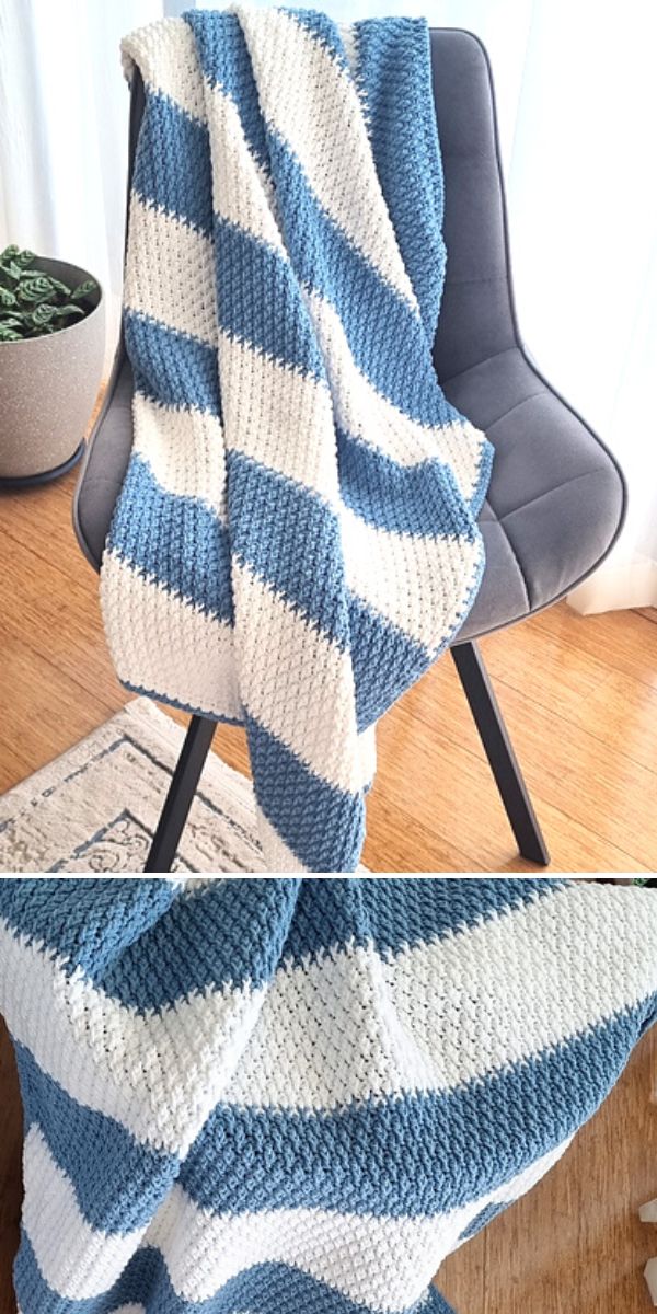 stripy blanket made with alpine stitch in white and blue colors