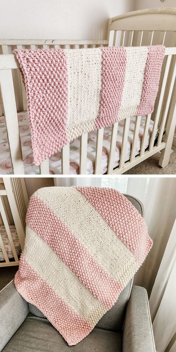 white and pink striped knit baby blanket