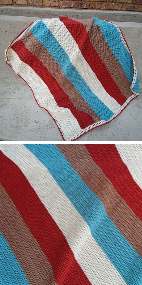 crochet striped blanket with white, red, brown, blue stripes