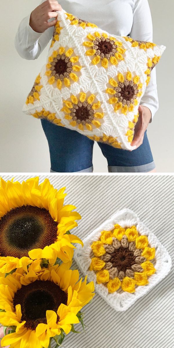 sunflower squares interior crochet pillow