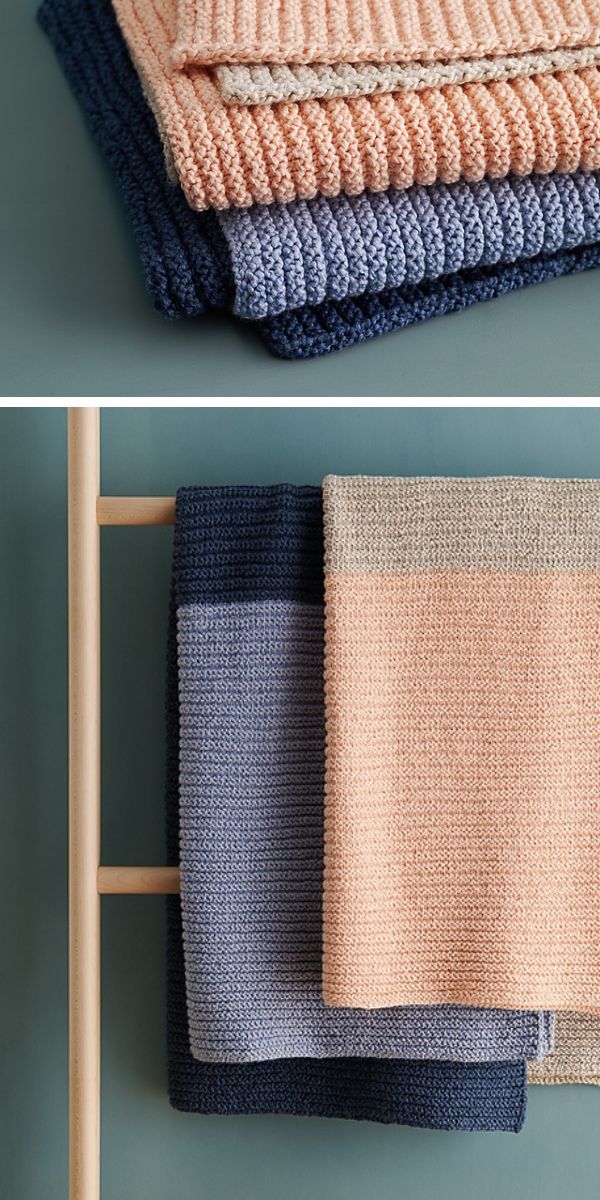 color-block solid knitted baby blanket in blue and dark blue and peach and grey colors