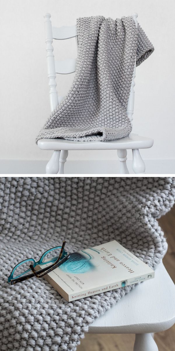 grey textured knitted throw laying on a white chair
