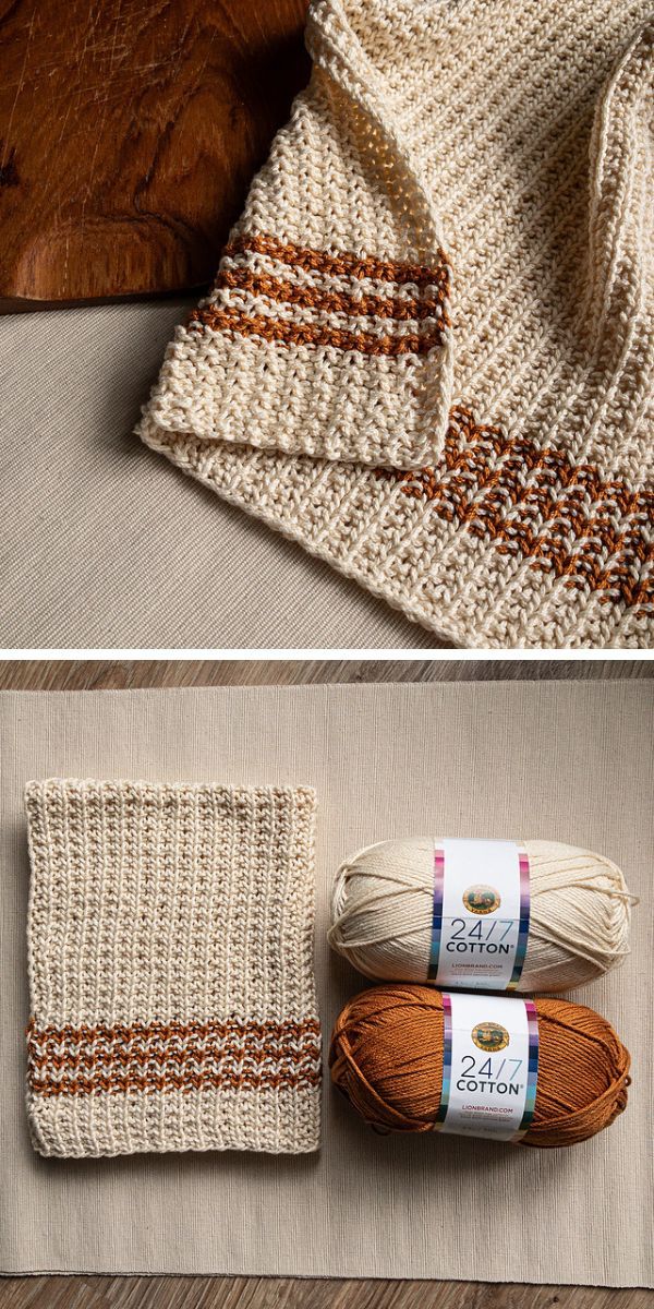 beige with rusty stripes on the edge knitted tea towel