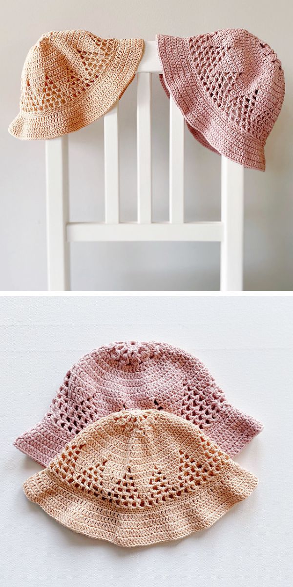 peach and pink crochet bucket hats in filet crochet technique