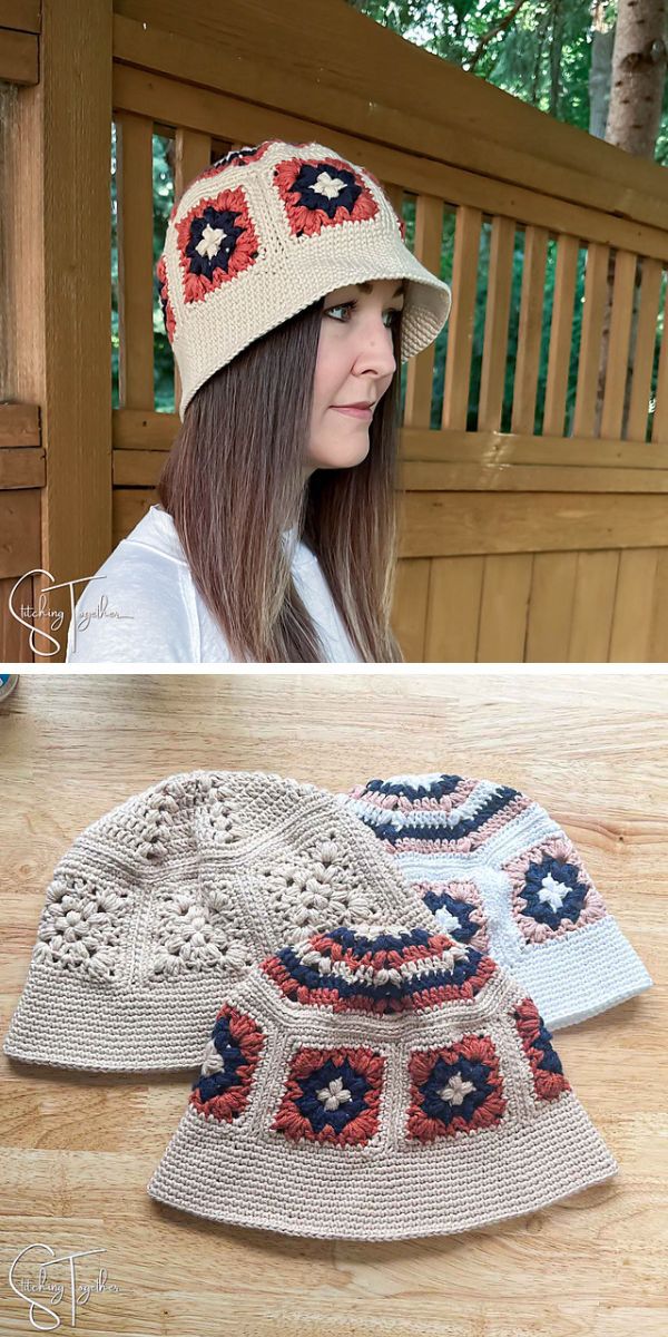 beige bucket hat of blue and red granny squares