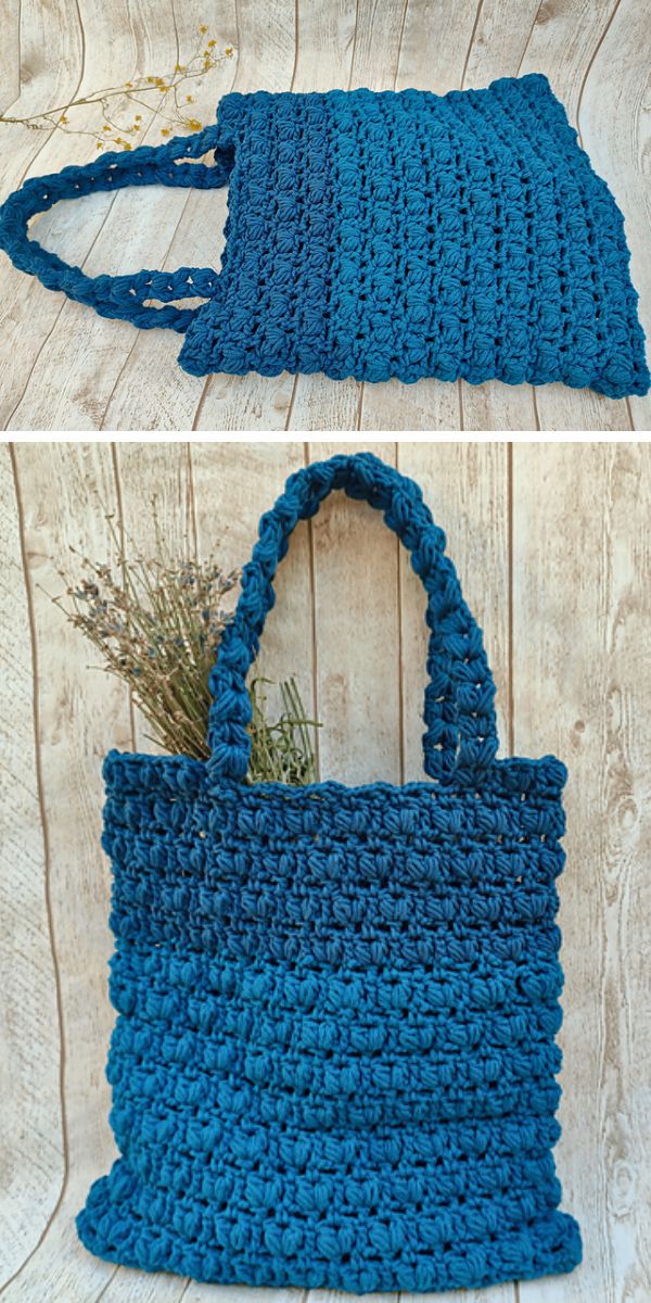 blue textured crochet tote bag