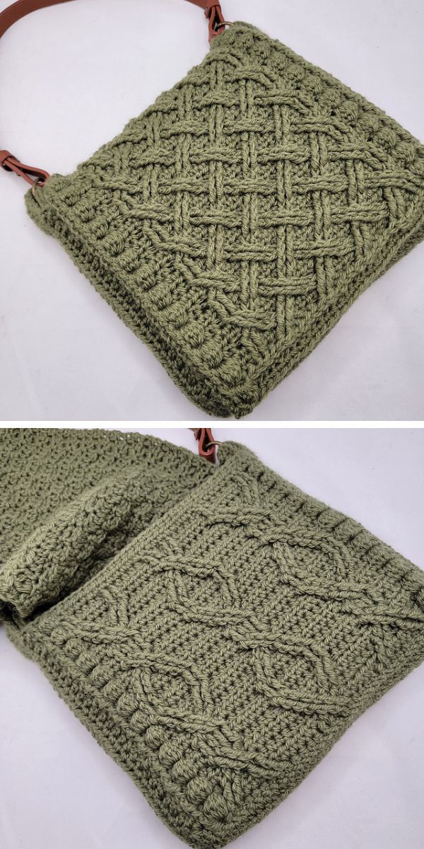 green celtic cable crochet handbag