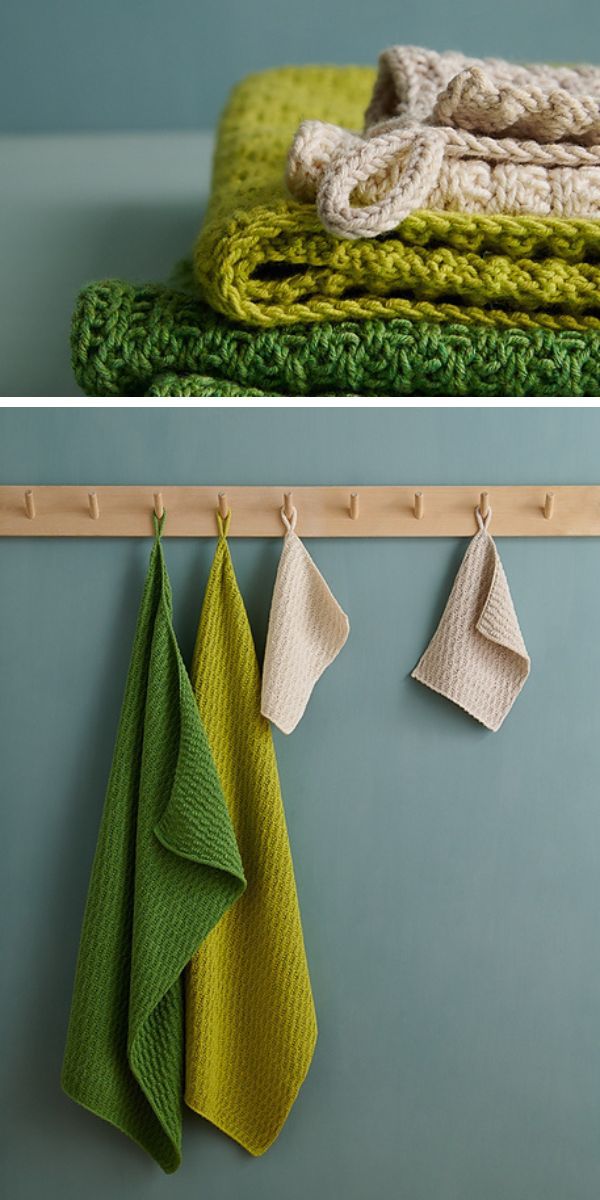 knitted hand towels and washcloth in shades of green