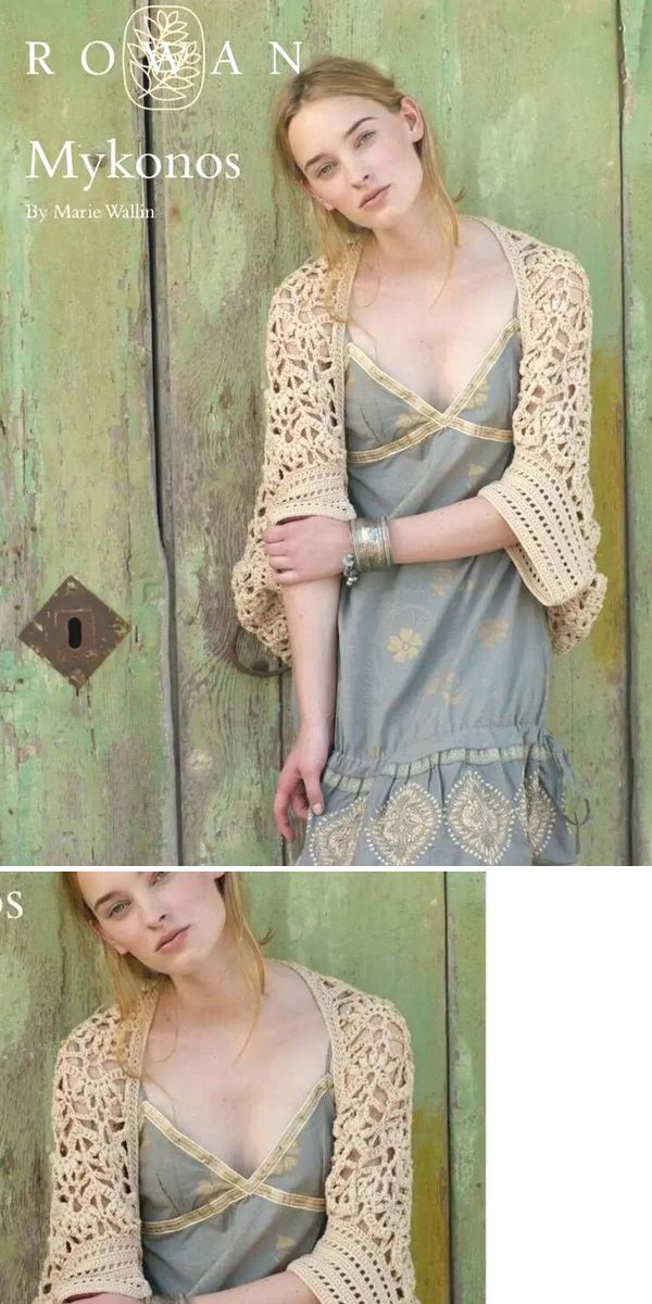beige lace crochet shrug on a young woman