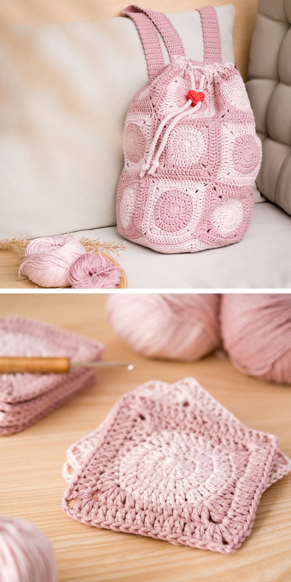 pink granny square crochet backpack