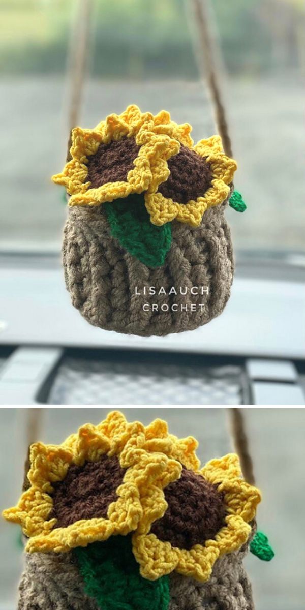 crochet sunflower in a basket