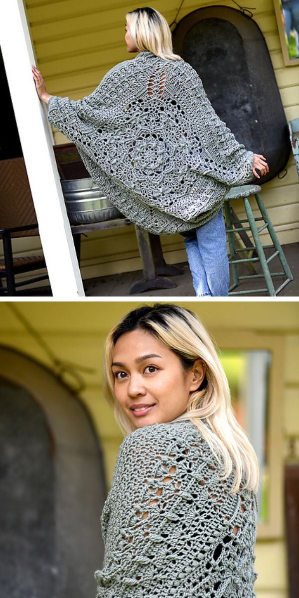 grey mandala style lace crochet cocoon on a woman