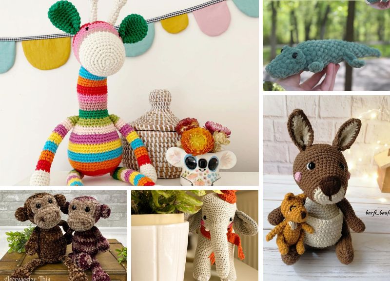 crochet toys: giraffe, alligator, two monkeys, elephant, kangaroo with a baby
