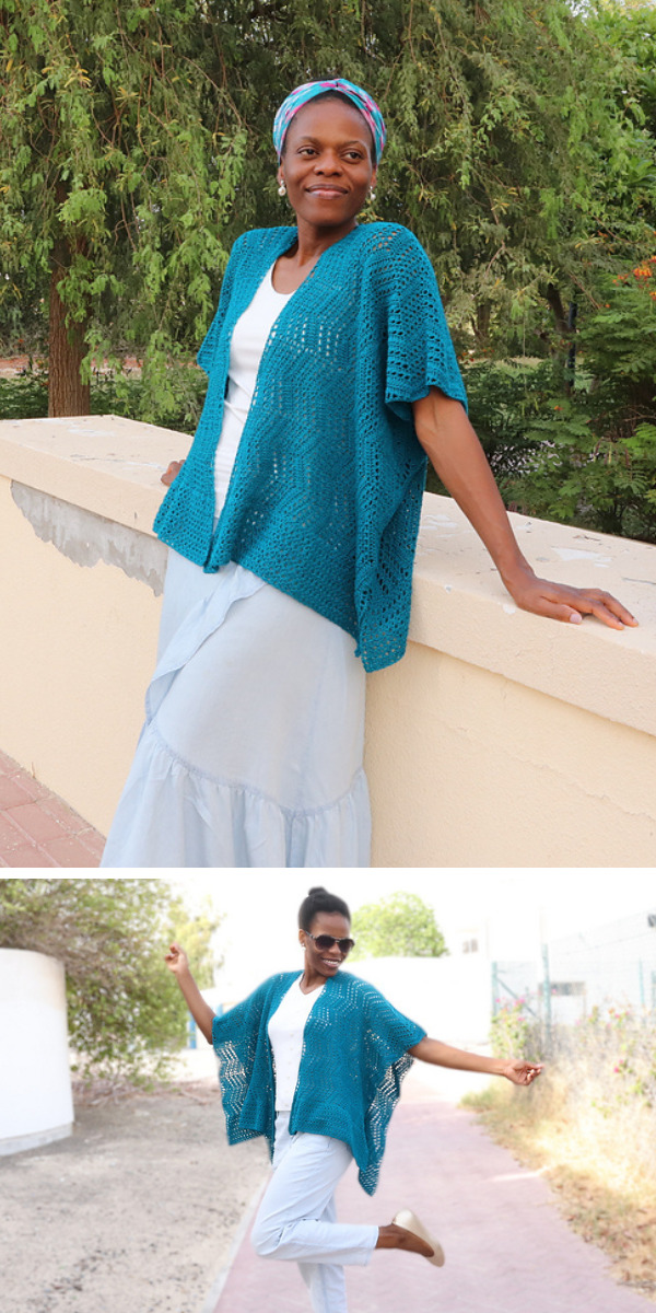 a women on the street in a lightweight crochet ruana in a sea blue color