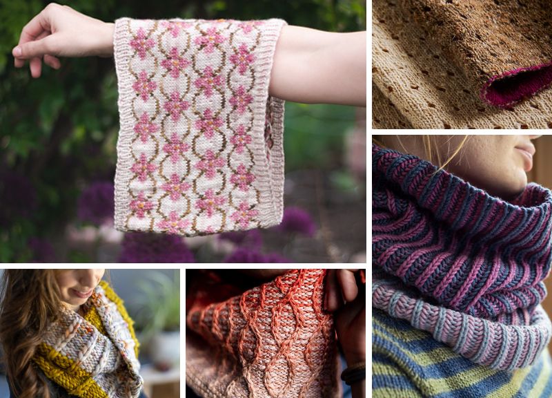 A collage of different knitted cowls and shawls.