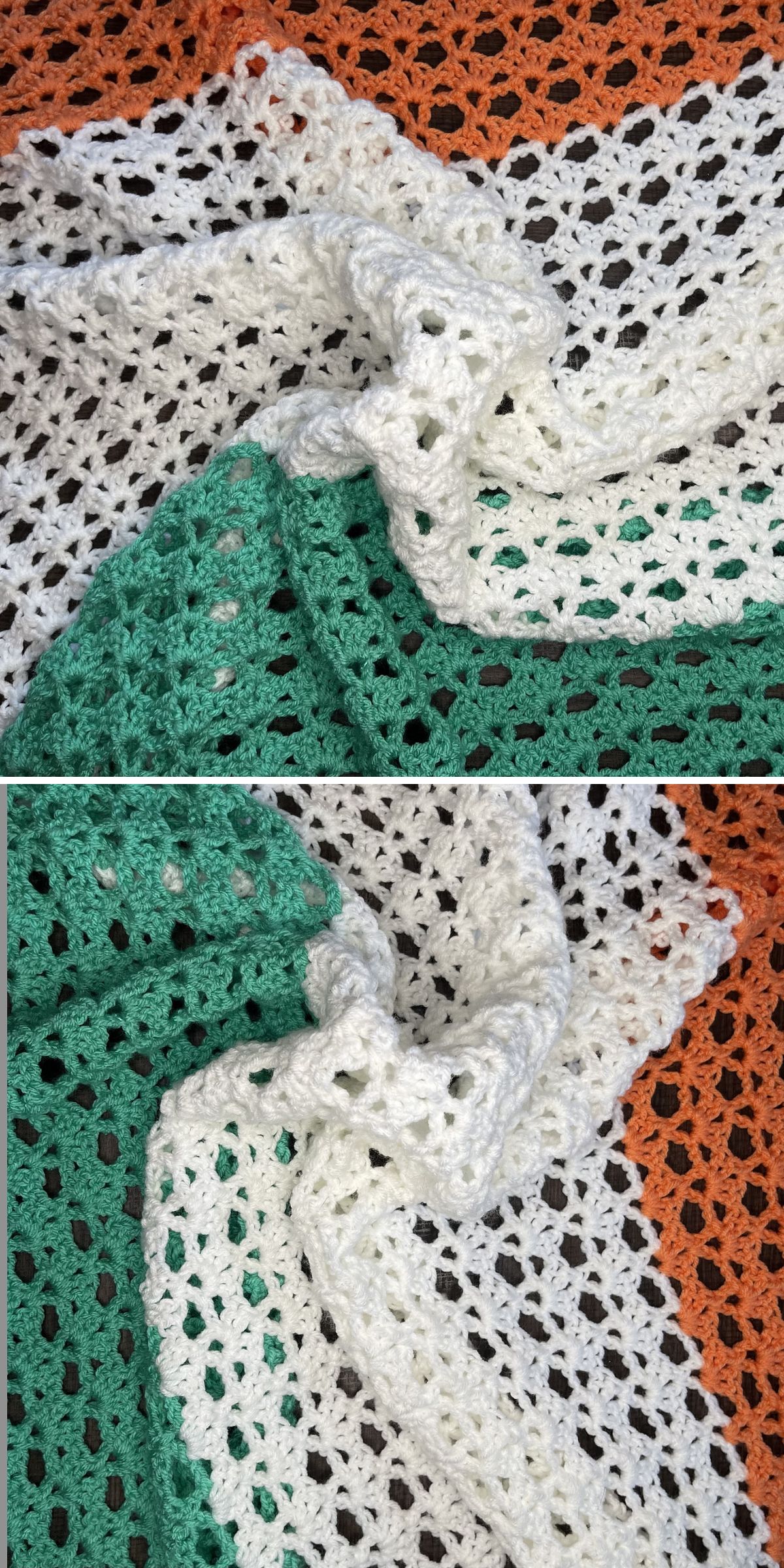 A close-up capture of light crochet blankets, showcasing intricate interlocking patterns in vibrant orange, white, and green hues.
