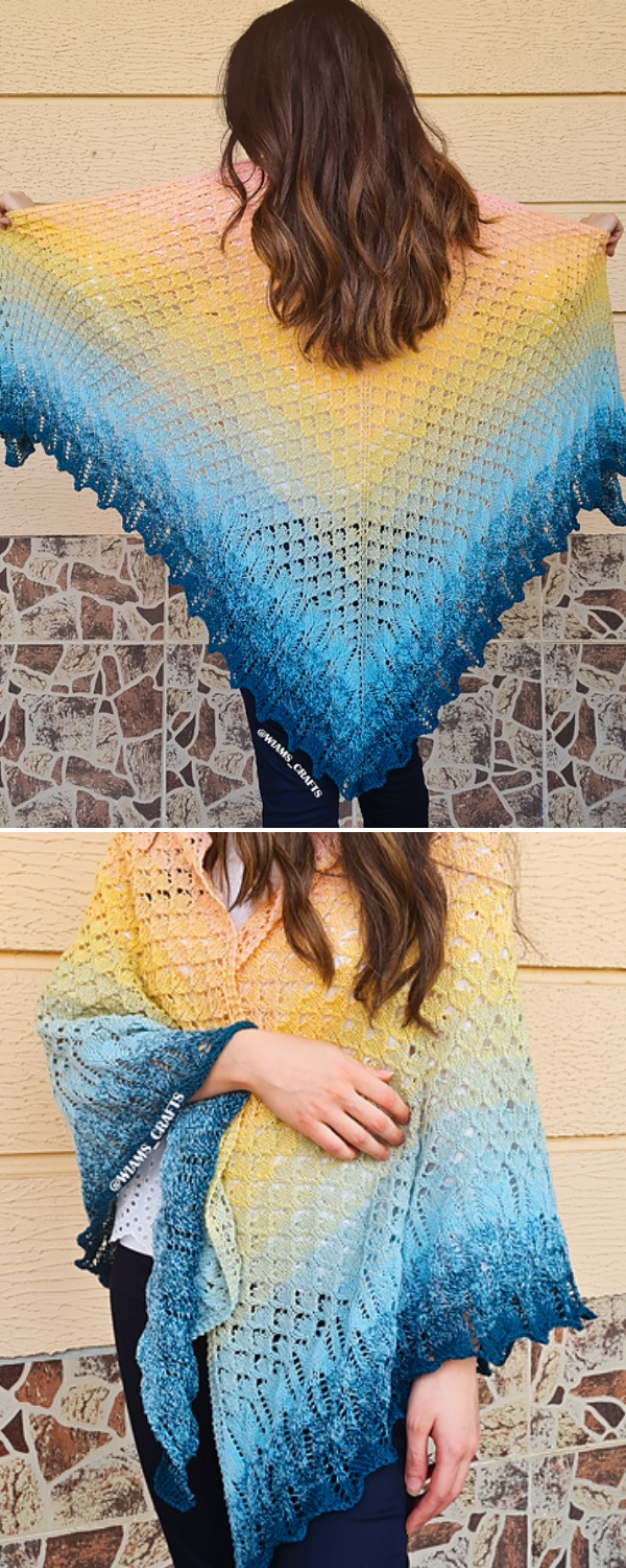 Flowers Bunch Knitted Shawl in ombre from yellow to blue