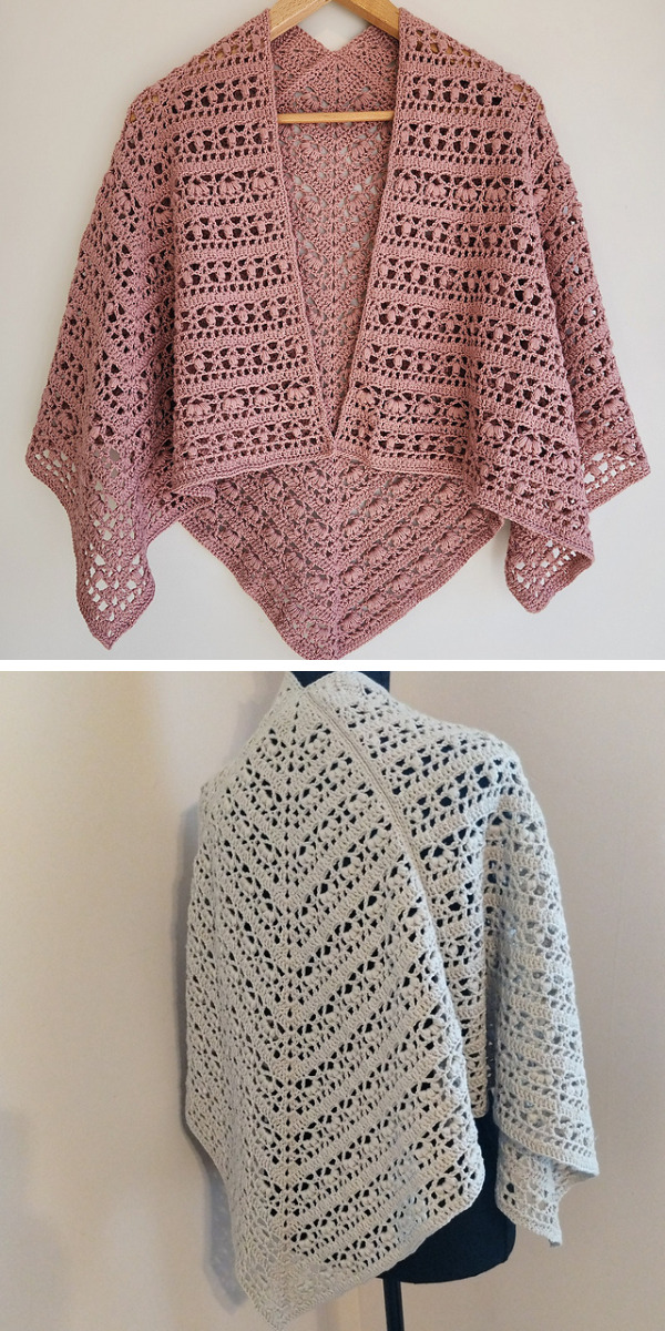 two pictures with crochet lacy ruanas in dark pink and white colors