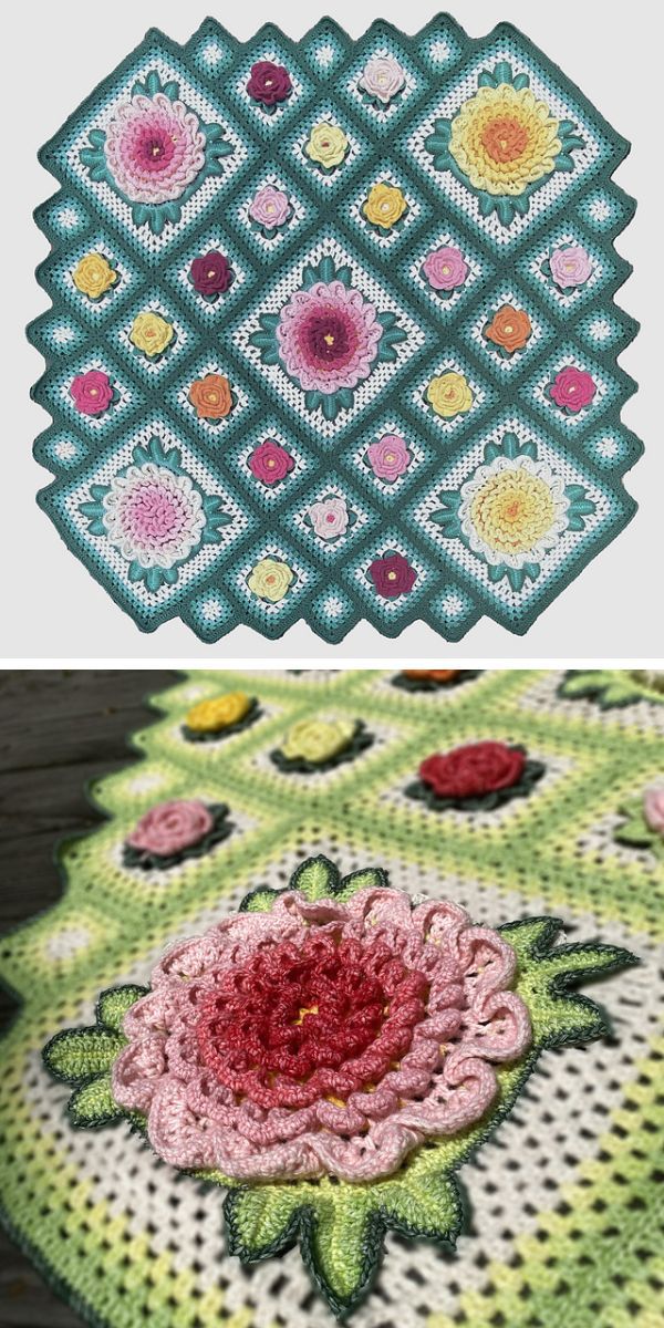 crochet blanket with peonies