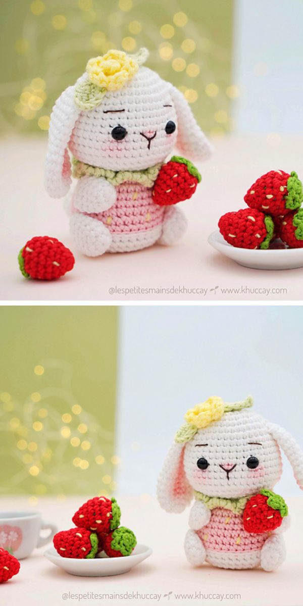 crochet bunny girl with flower bow on her head and amigurumi strawberries