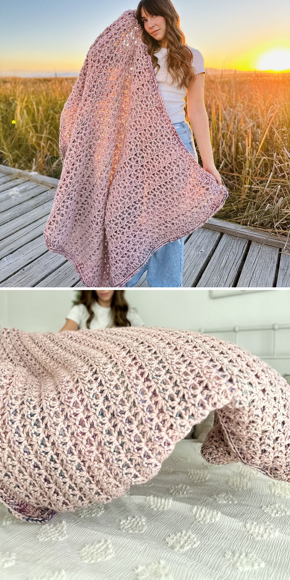 A woman stands on the boardwalk, holding a light crochet blanket as the sunset casts a golden glow. In a second image, the delicate patterns of the blanket are on full display as it spreads gracefully across a bed.