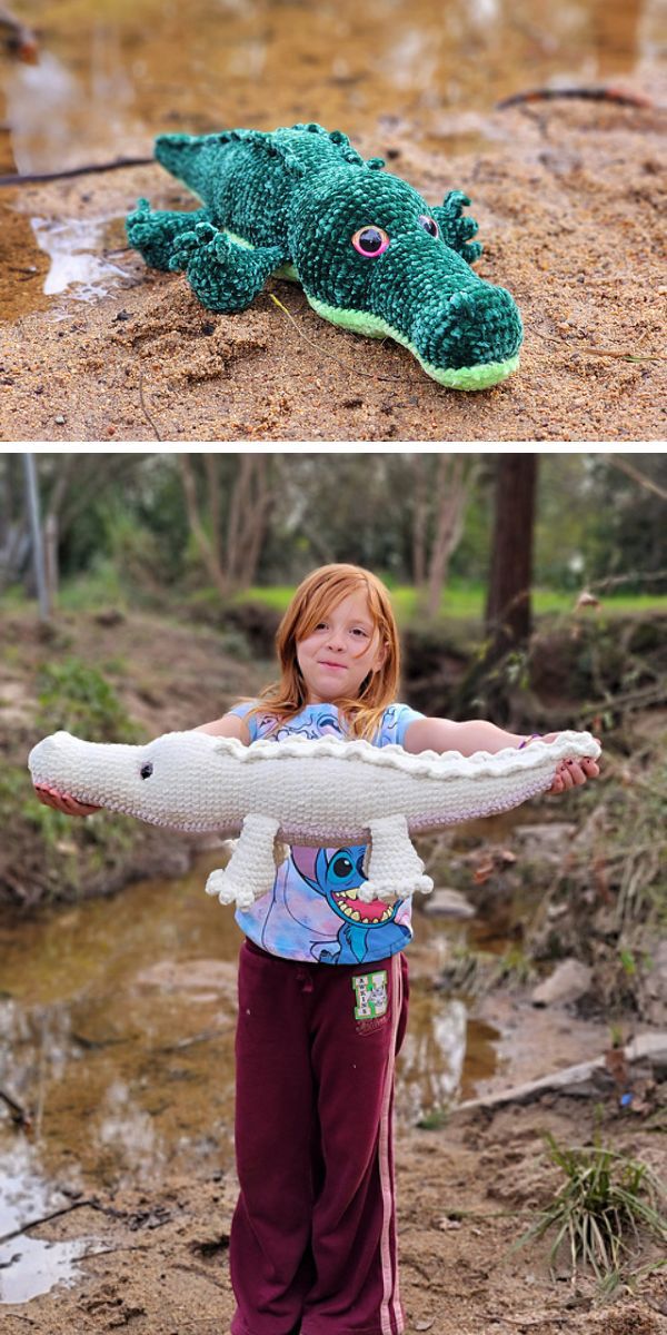 green and white crochet alligator toys