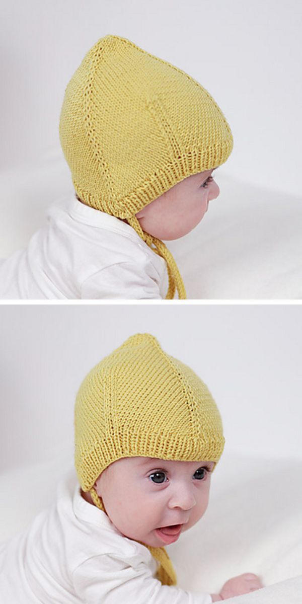 a baby wearing a crocheted bonnet in yellow