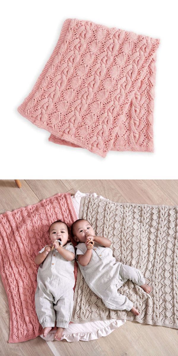 two babies lying on two knitted baby blankets in pink and beige color