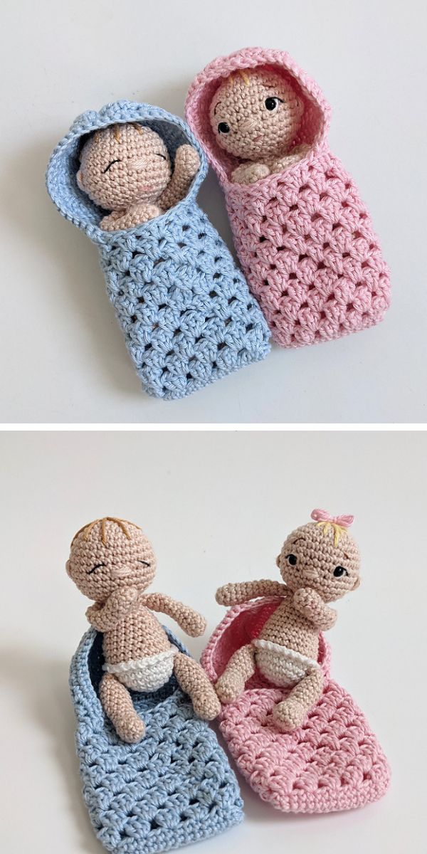 amigurumi baby boy and girl in blue and pink sleeping sacks