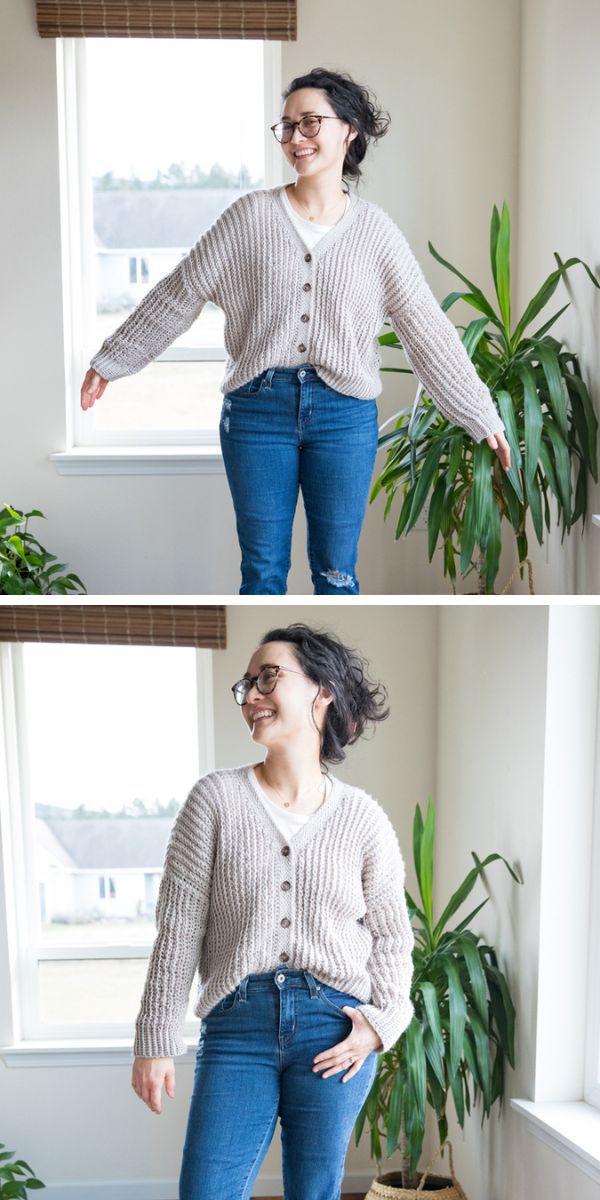 grey crocheted cardigans with four buttons on a woman
