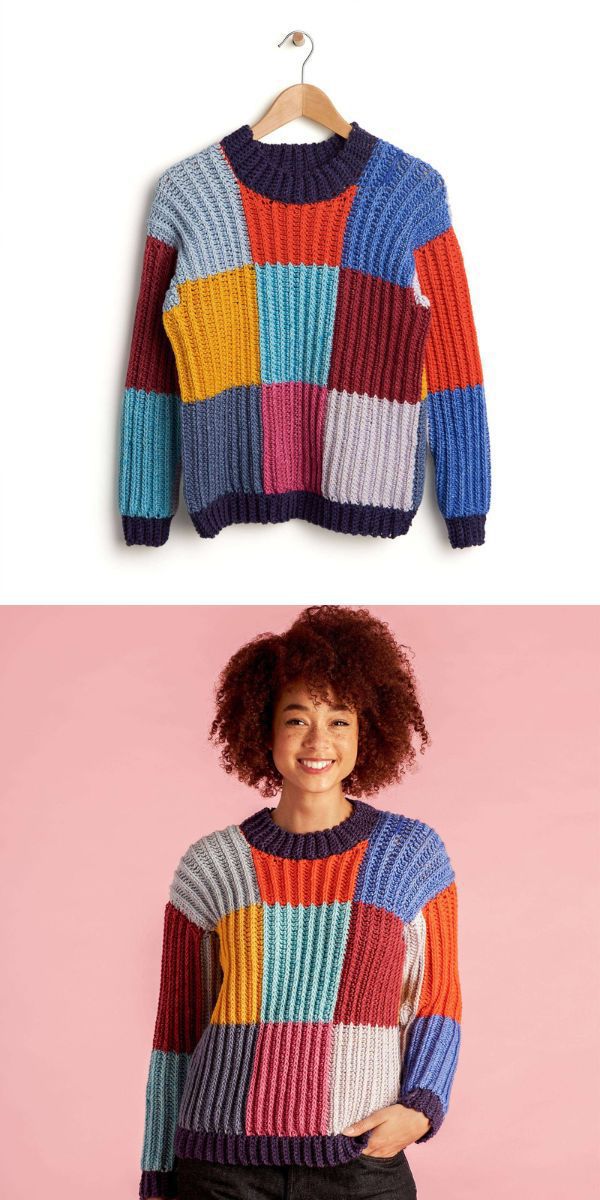 woman wearing boxy checks crochet sweater